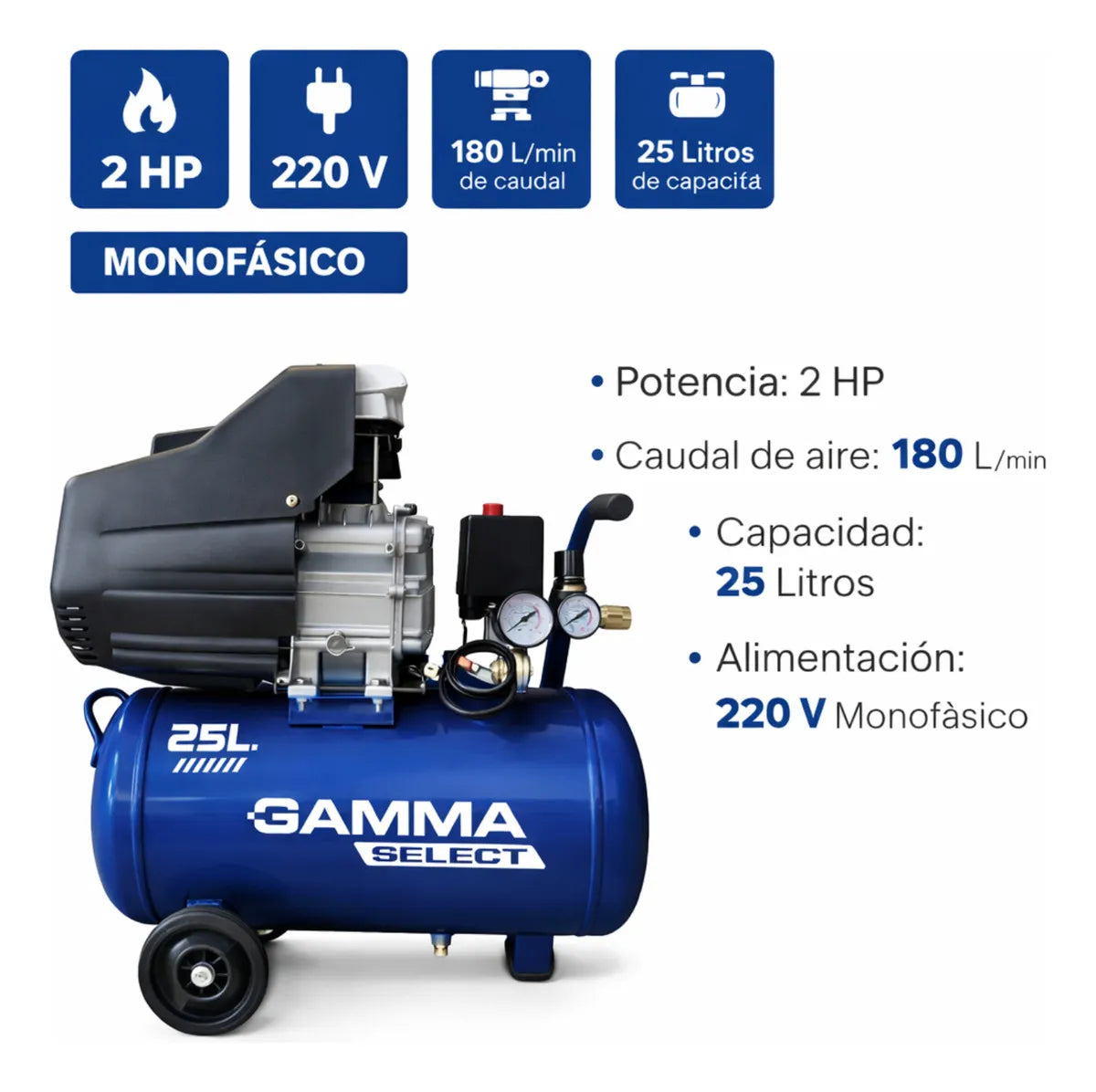 Compresor De Aire Gamma 25l 2 Hp G2853ar Monofásico Eléctrica Frecuencia 50