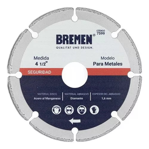Disco corte amoladora diamantado para metal 4 1/2" 115mm Bremen