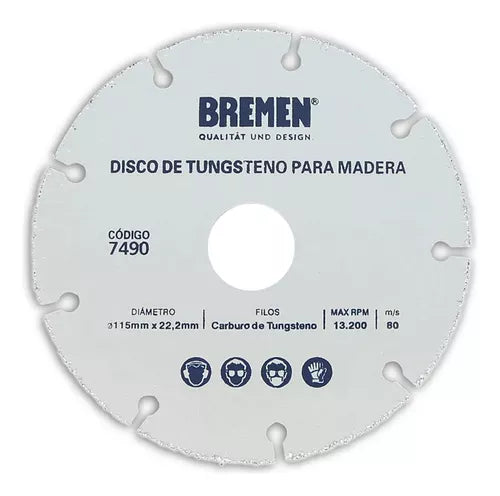 Disco de tungsteno amoladora 115mm para madera 7490 Bremen