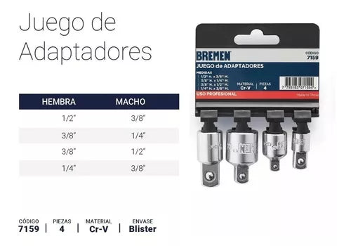 Juego adaptadores llaves tubo 4 piezas Enc 1/2'' 3/8'' 1/4'' 7159