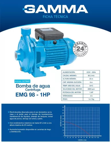 Bomba centrifuga 1 hp 220v Gamma