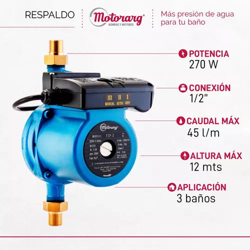 Bomba presurizadora agua TIP 2 3 baños 270W Motorarg