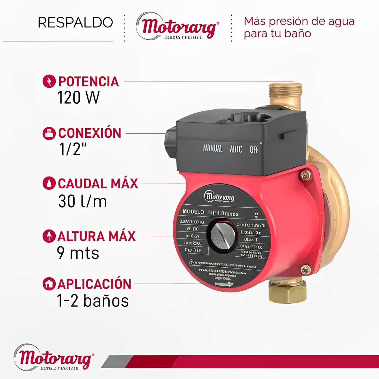 Bomba presurizadora cuerpo de bronce para 2 Baños tip 1 bronce Motorarg